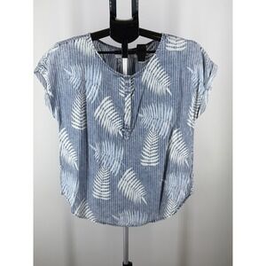 Billy T Womens Blue Tropical Palm Leaf Striped Blouse Top Size M